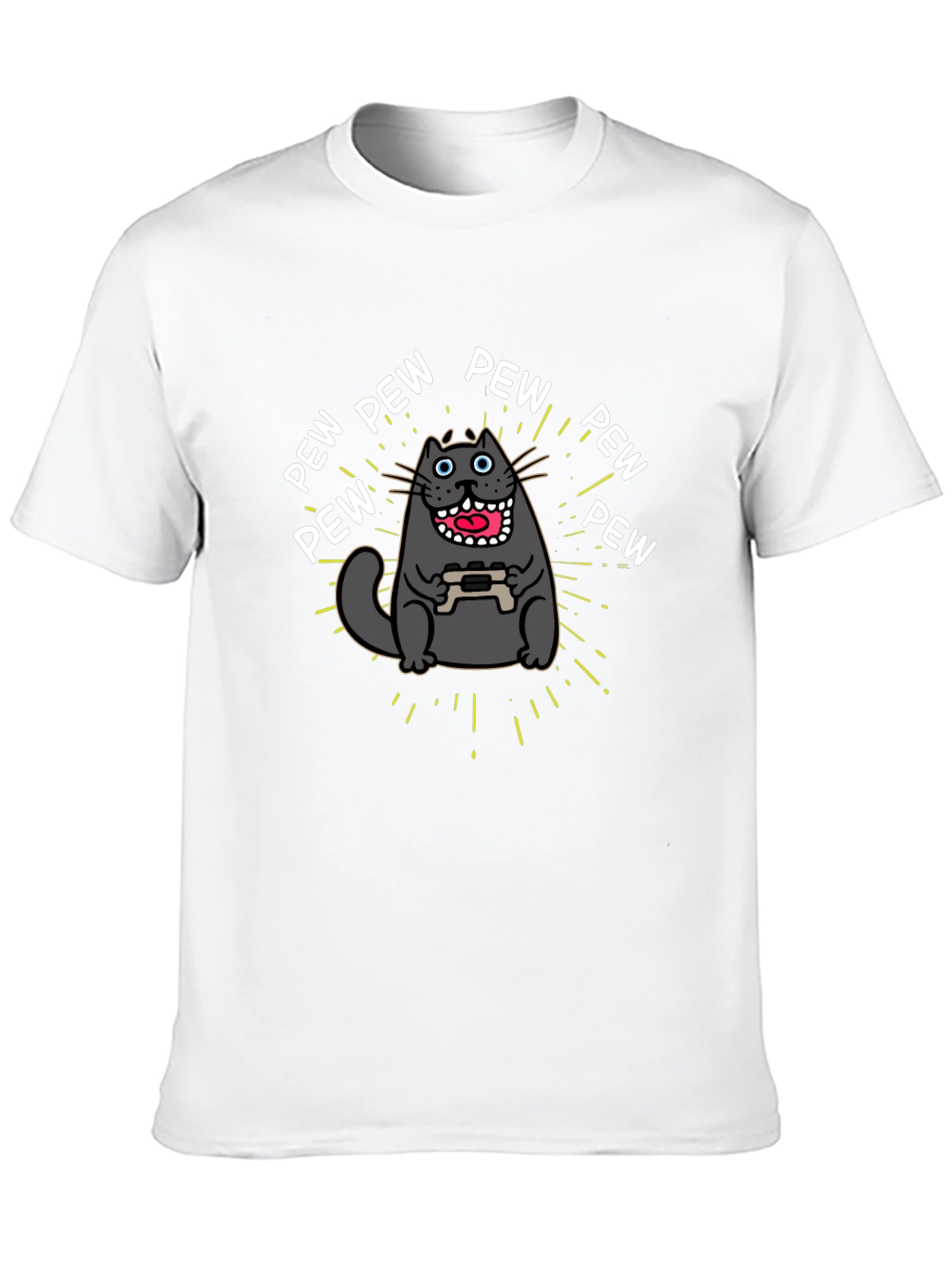 Gamer Cat Pew Pew Graphic Black T-Shirt