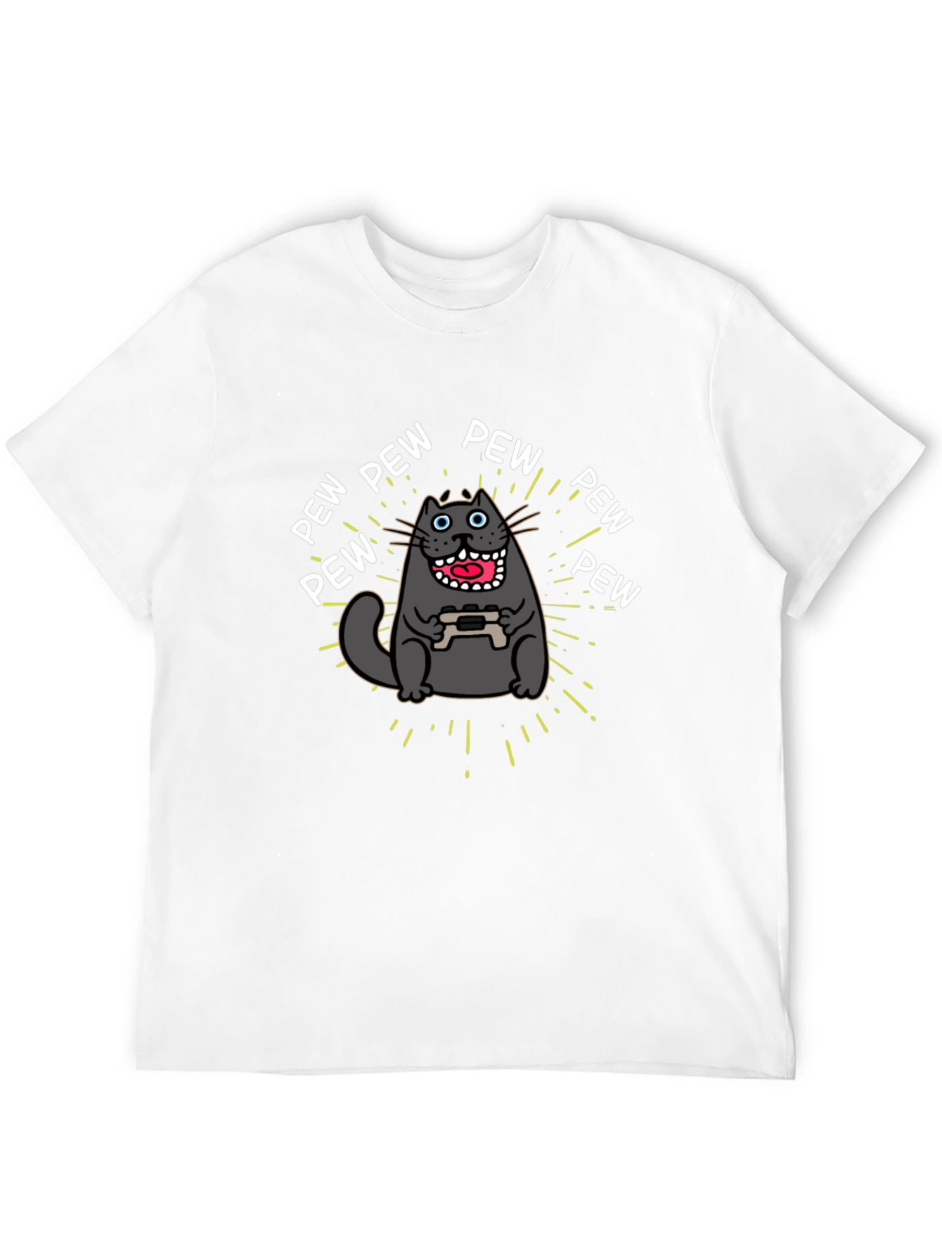 Gamer Cat Pew Pew Graphic Black T-Shirt