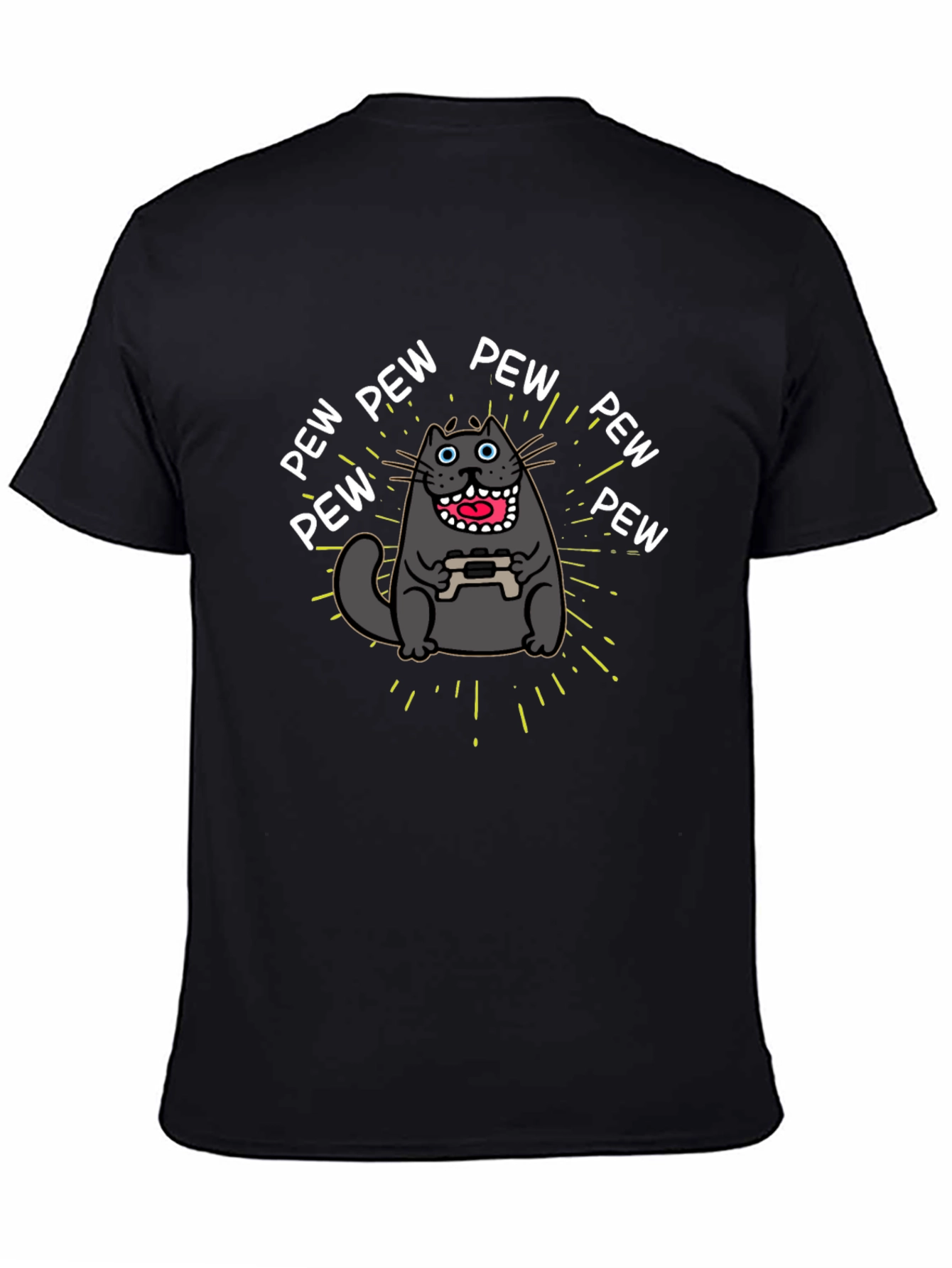 Gamer Cat Pew Pew Graphic Black T-Shirt