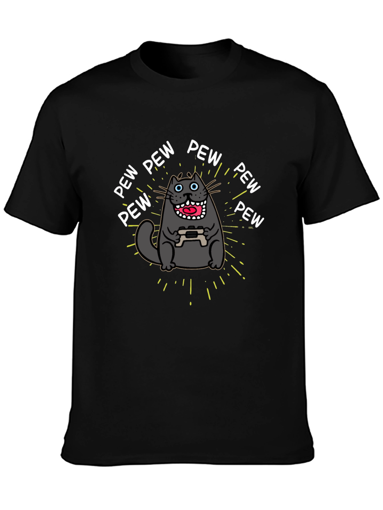 Gamer Cat Pew Pew Graphic Black T-Shirt