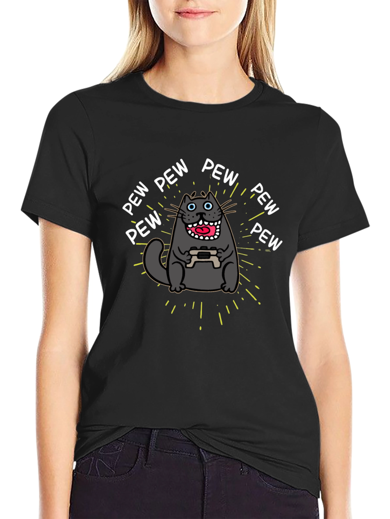 Gamer Cat Pew Pew Graphic Black T-Shirt
