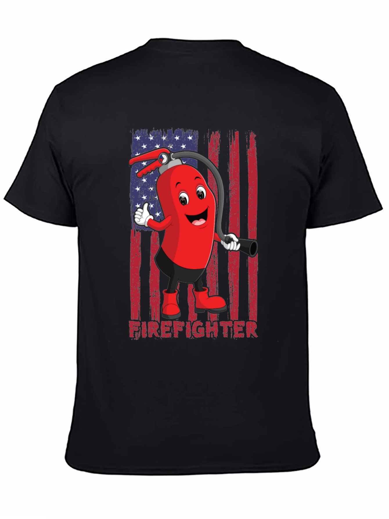Firefighter Cartoon T-Shirt - American Flag Design