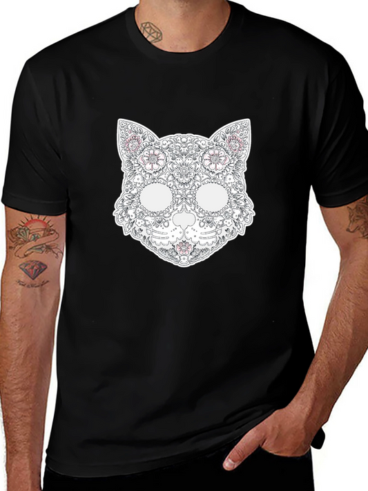 Floral Cat Skull T-Shirt - Unique Graphic Tee