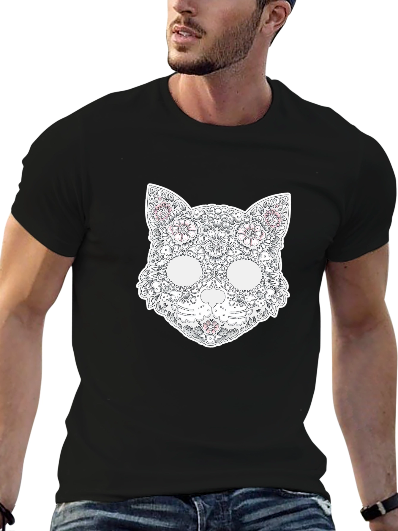Floral Cat Skull T-Shirt - Unique Graphic Tee