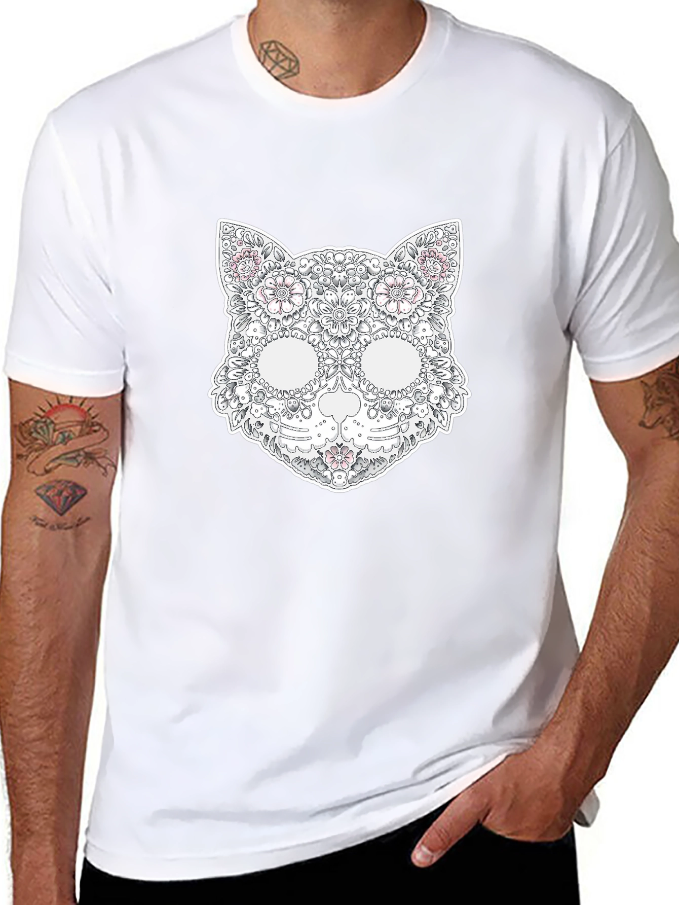 Floral Cat Skull T-Shirt - Unique Graphic Tee