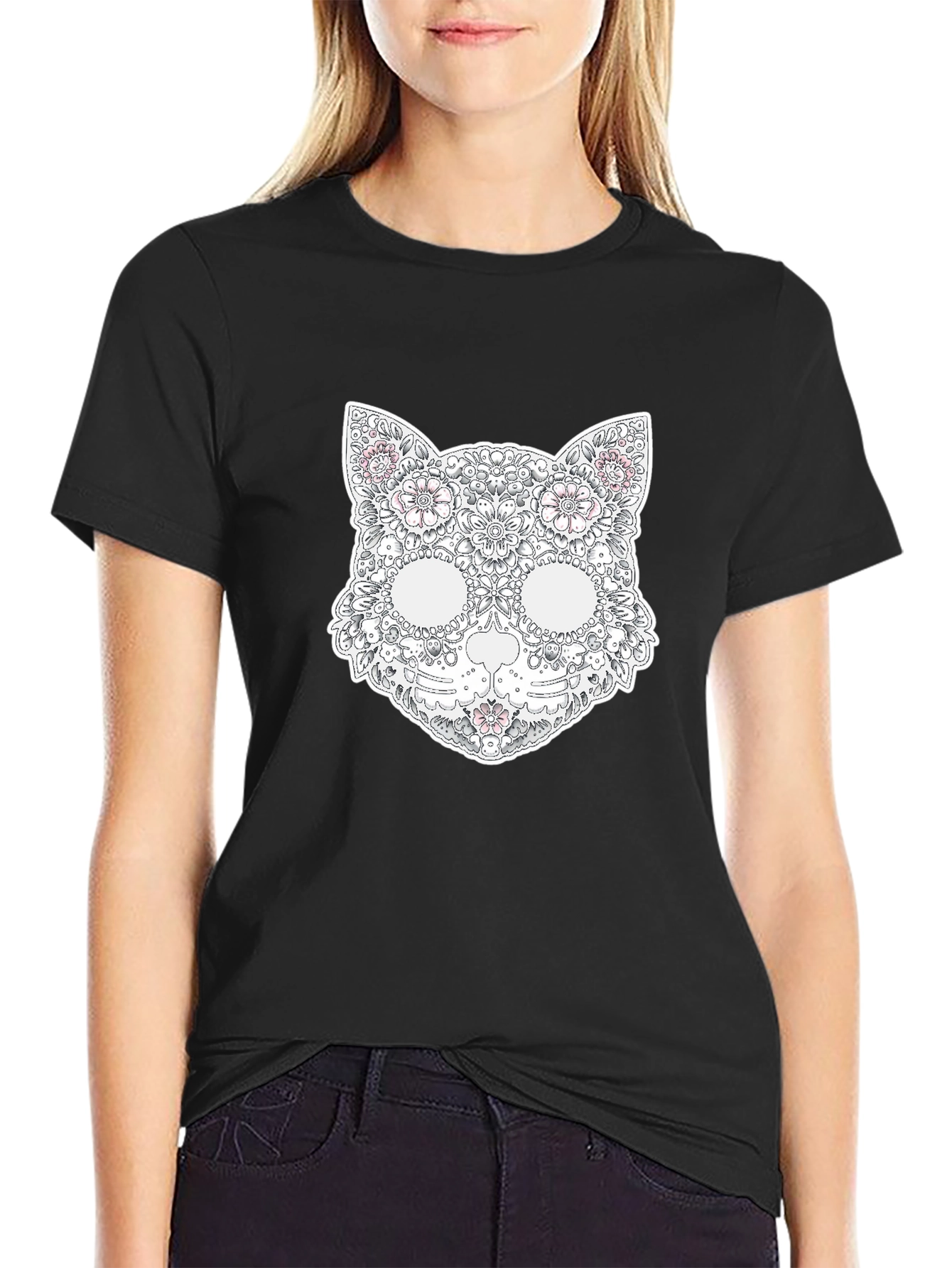 Floral Cat Skull T-Shirt - Unique Graphic Tee