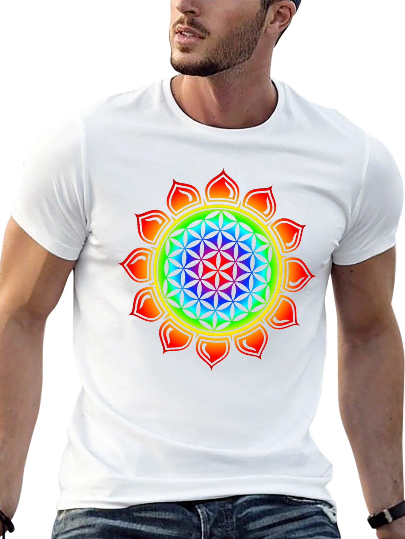 Flower of Life Chakra T-Shirt - Rainbow Design