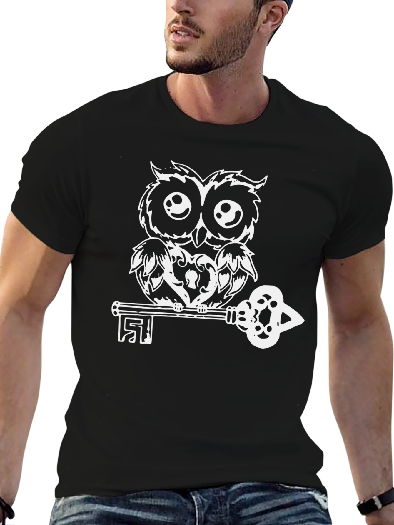 Owl and Key Graphic T-Shirt - Black Cotton Tee