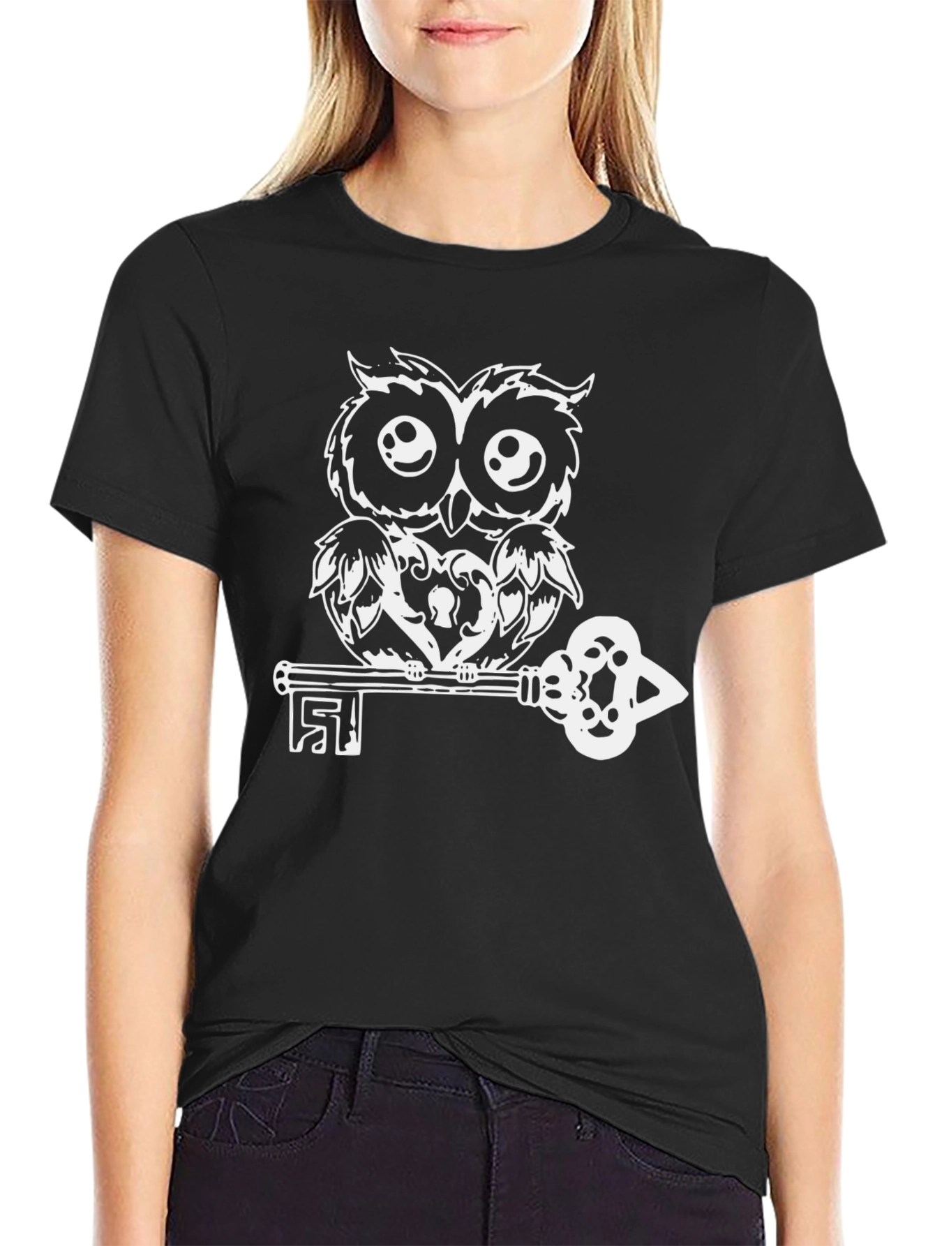 Owl and Key Graphic T-Shirt - Black Cotton Tee