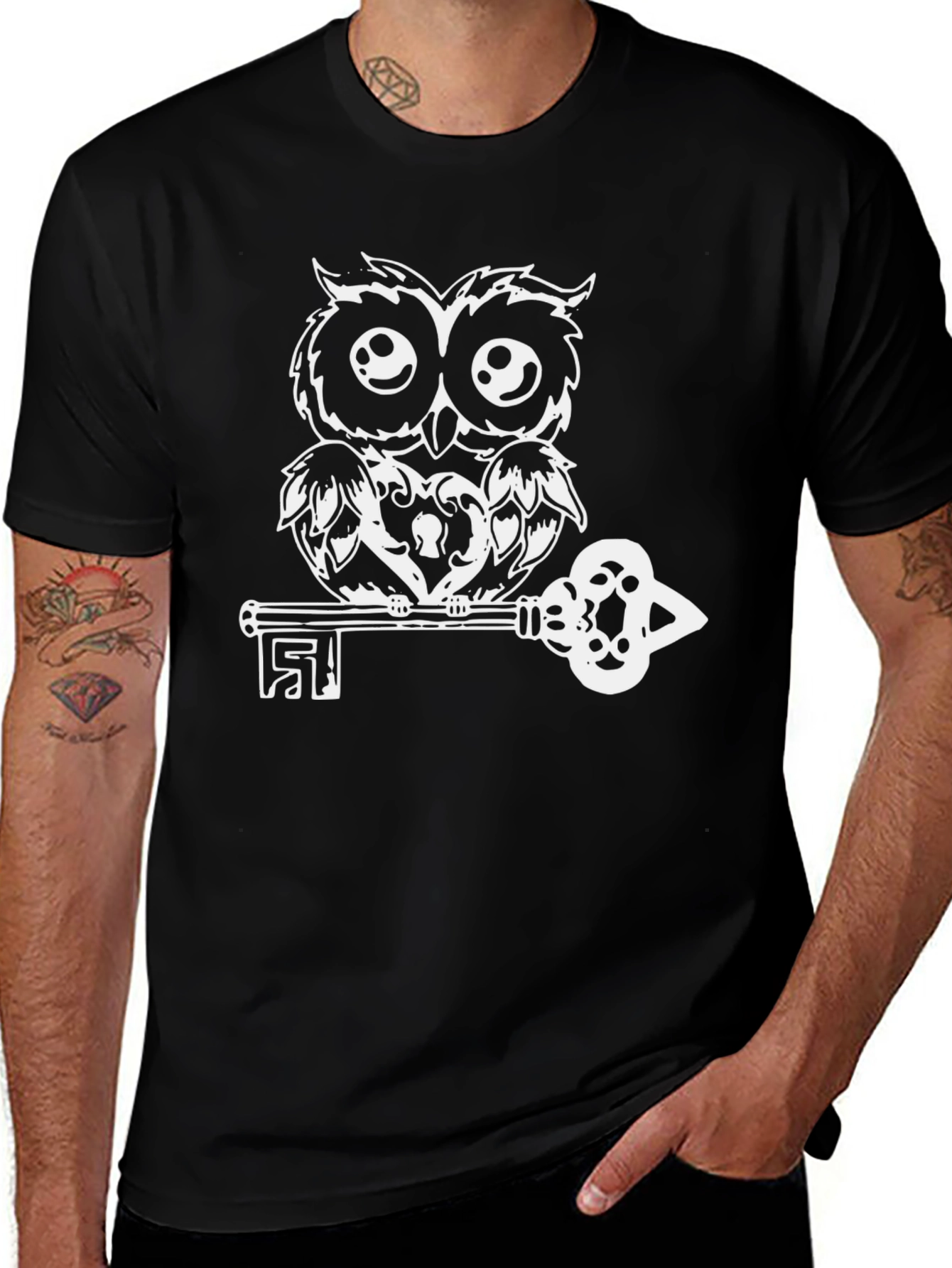 Owl and Key Graphic T-Shirt - Black Cotton Tee