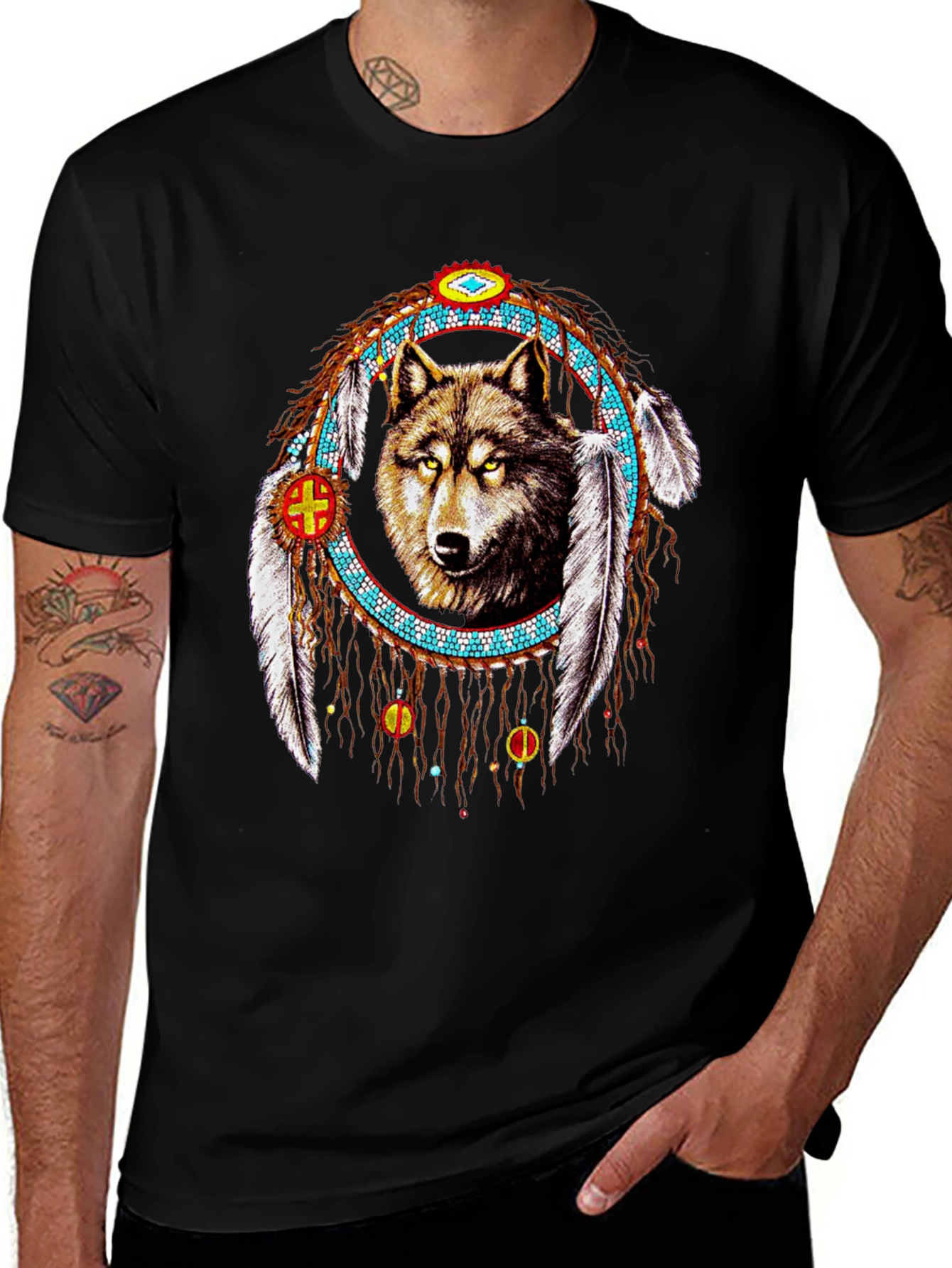 Wolf Dreamcatcher Graphic Tee - Native American Style
