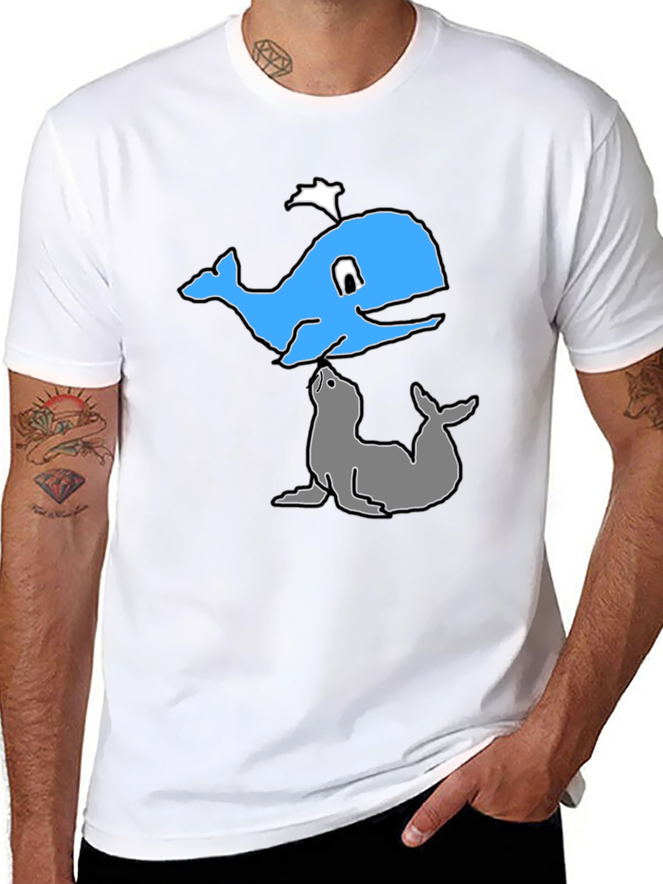 Cartoon Whale and Seal Black T-Shirt