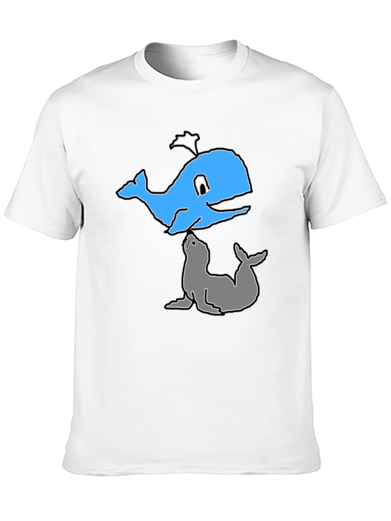 Cartoon Whale and Seal Black T-Shirt
