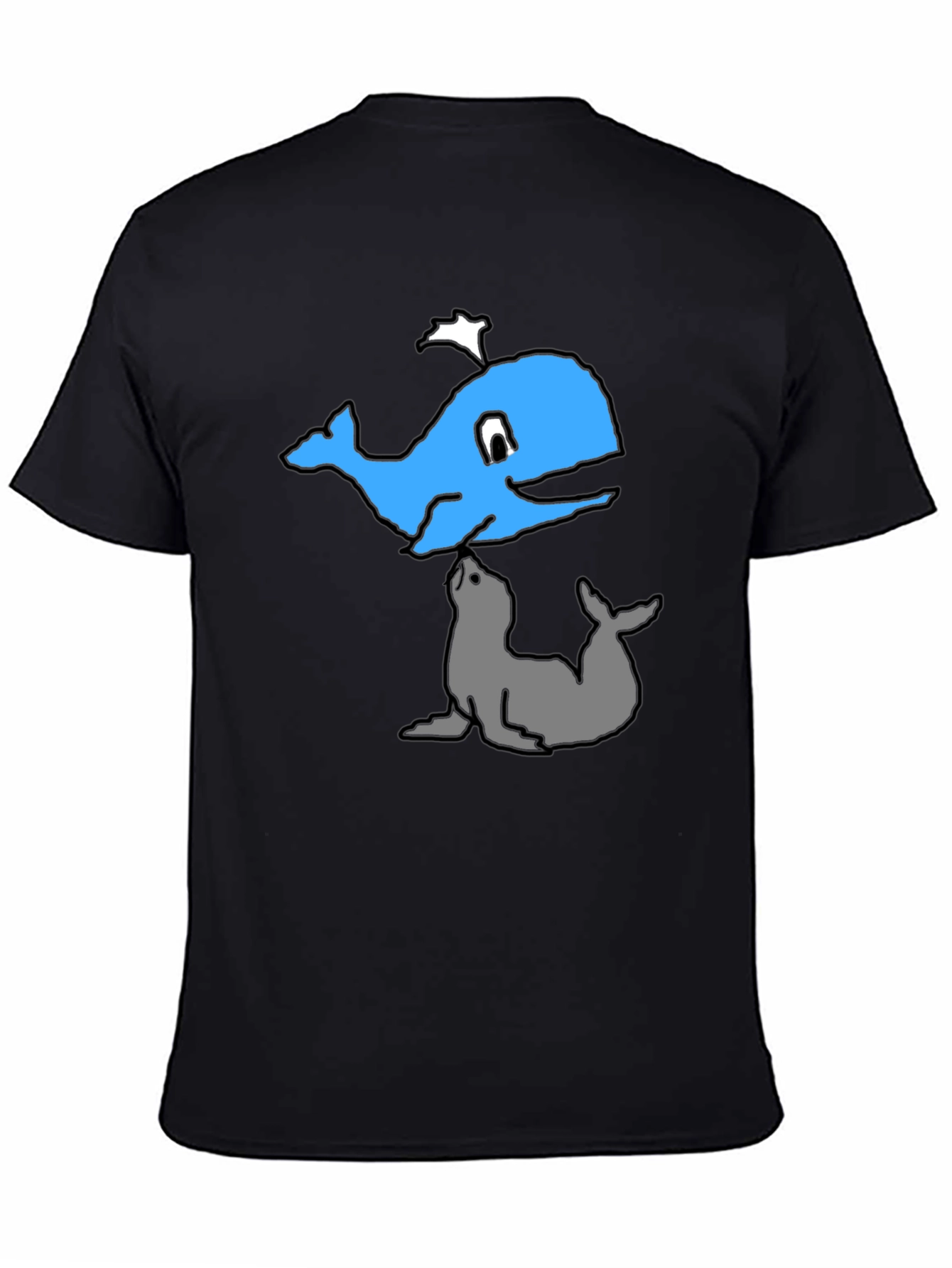 Cartoon Whale and Seal Black T-Shirt