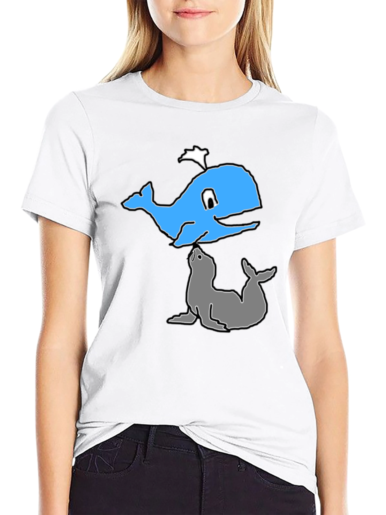 Cartoon Whale and Seal Black T-Shirt