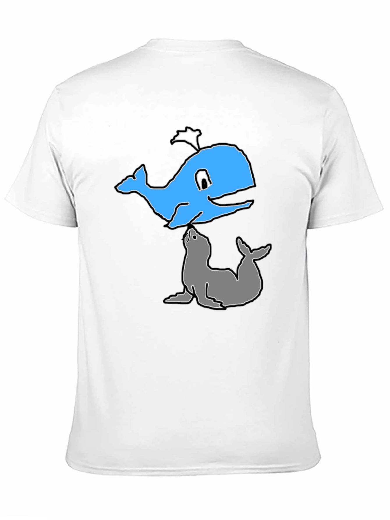 Cartoon Whale and Seal Black T-Shirt