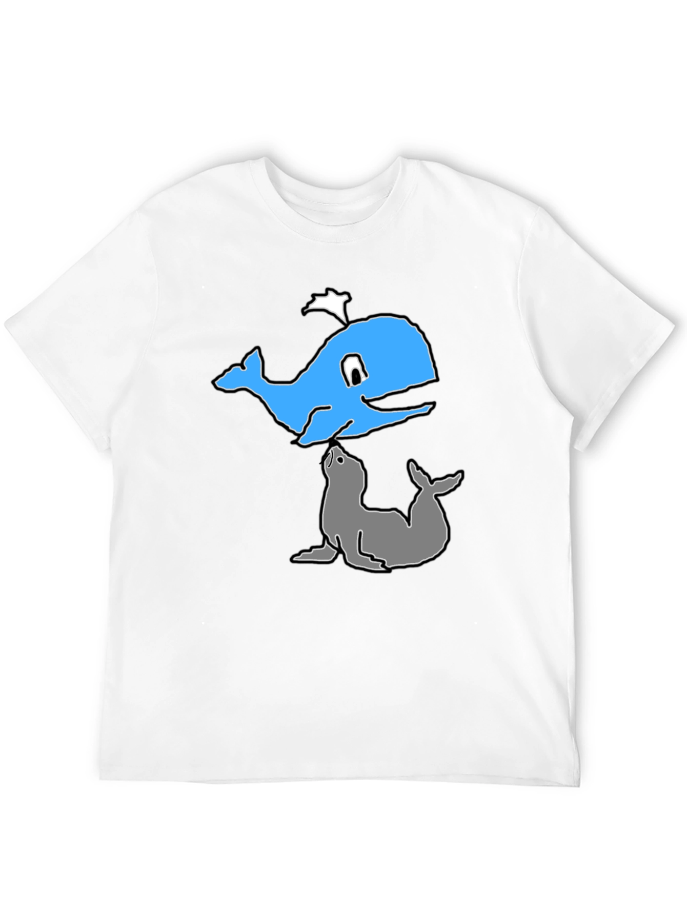 Cartoon Whale and Seal Black T-Shirt