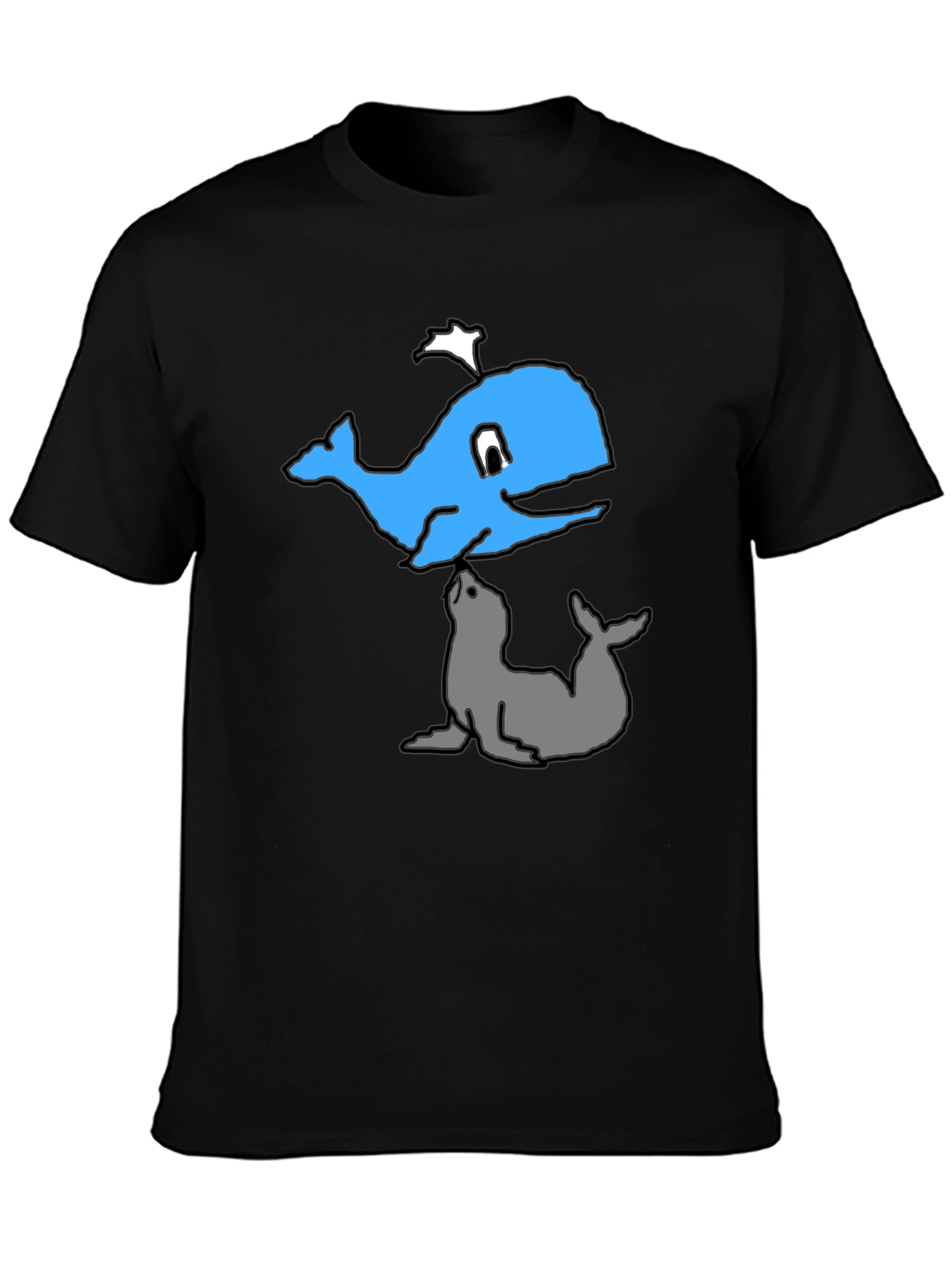Cartoon Whale and Seal Black T-Shirt