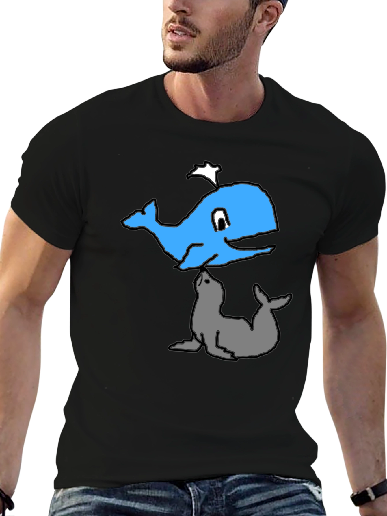 Cartoon Whale and Seal Black T-Shirt