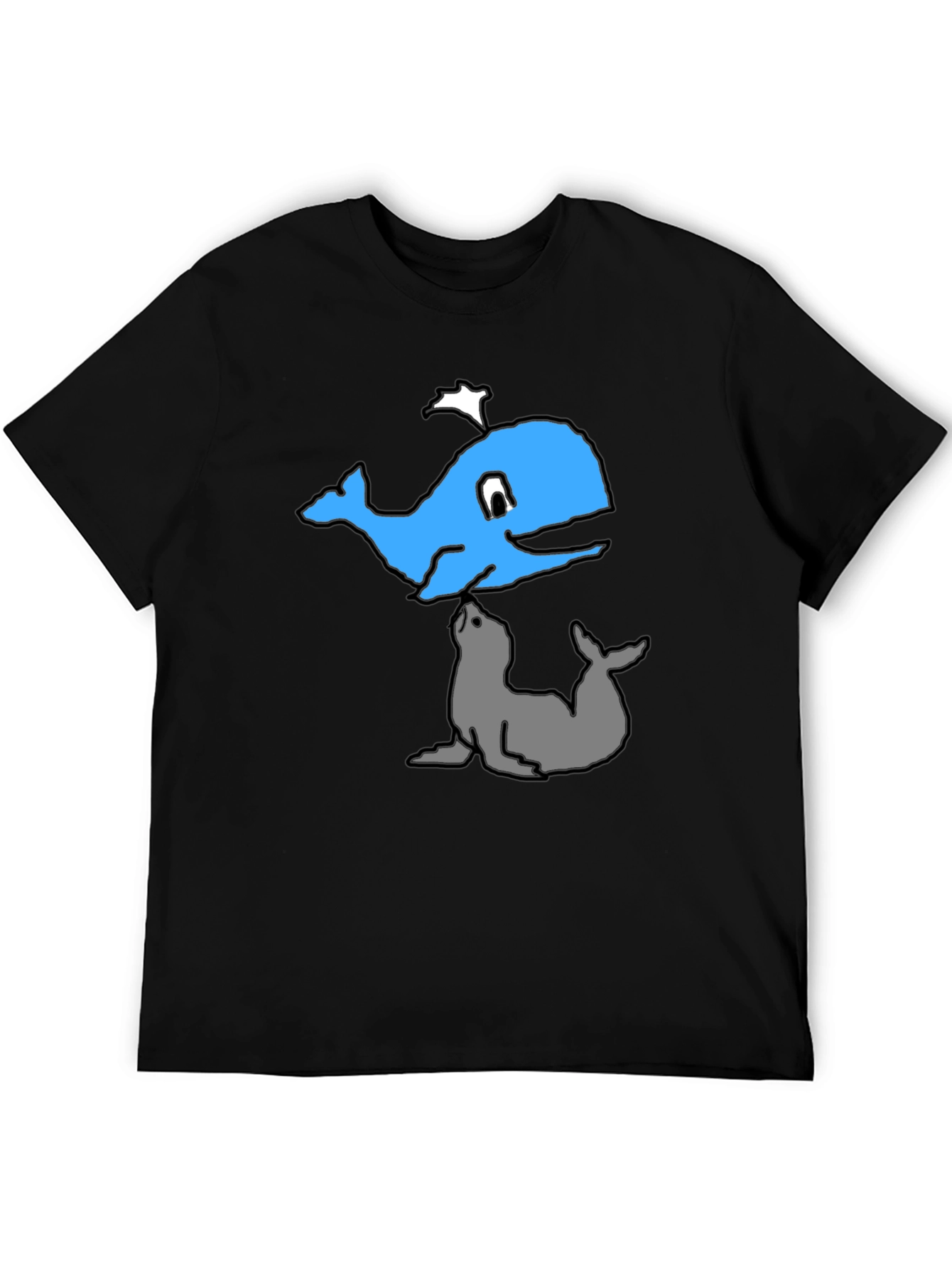 Cartoon Whale and Seal Black T-Shirt
