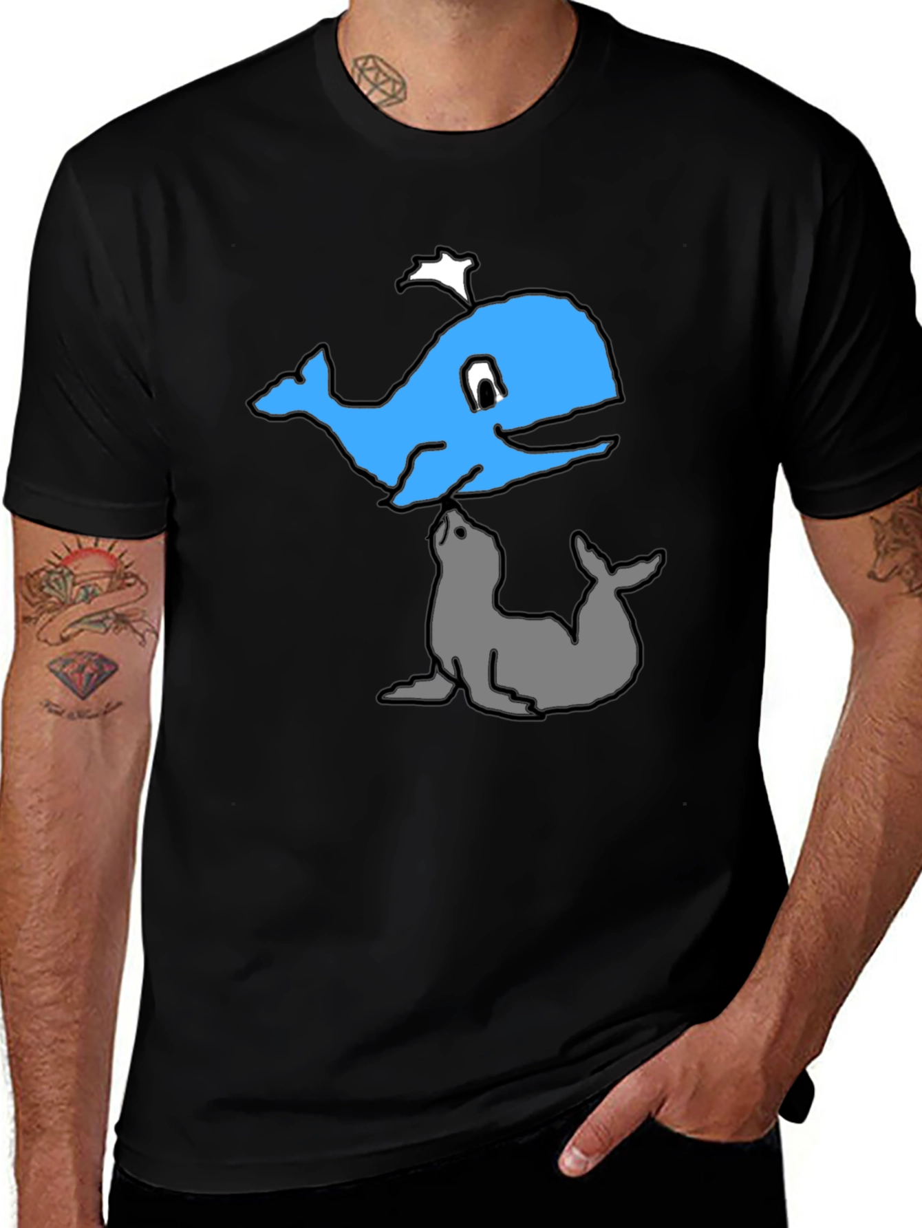 Cartoon Whale and Seal Black T-Shirt