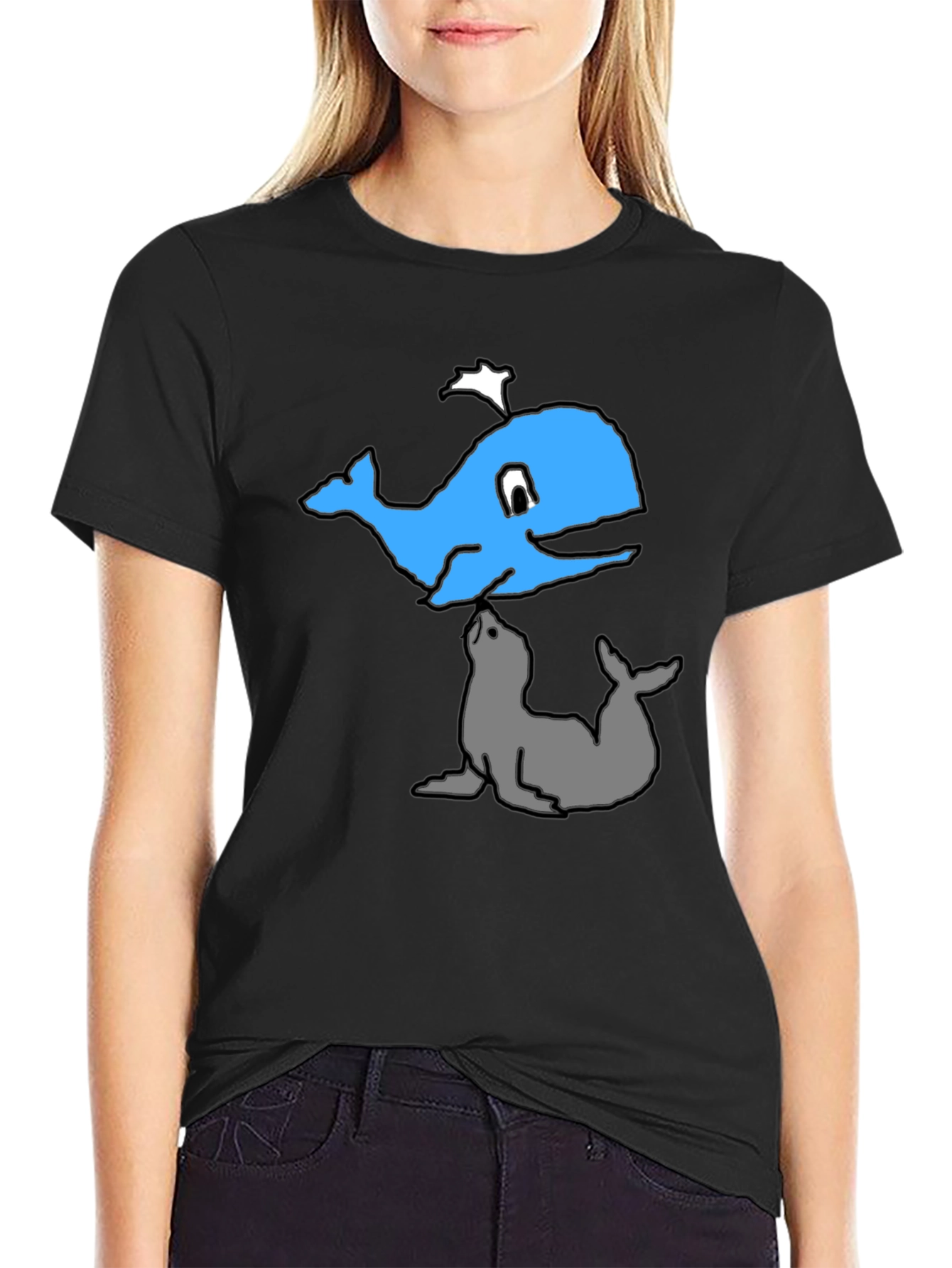 Cartoon Whale and Seal Black T-Shirt
