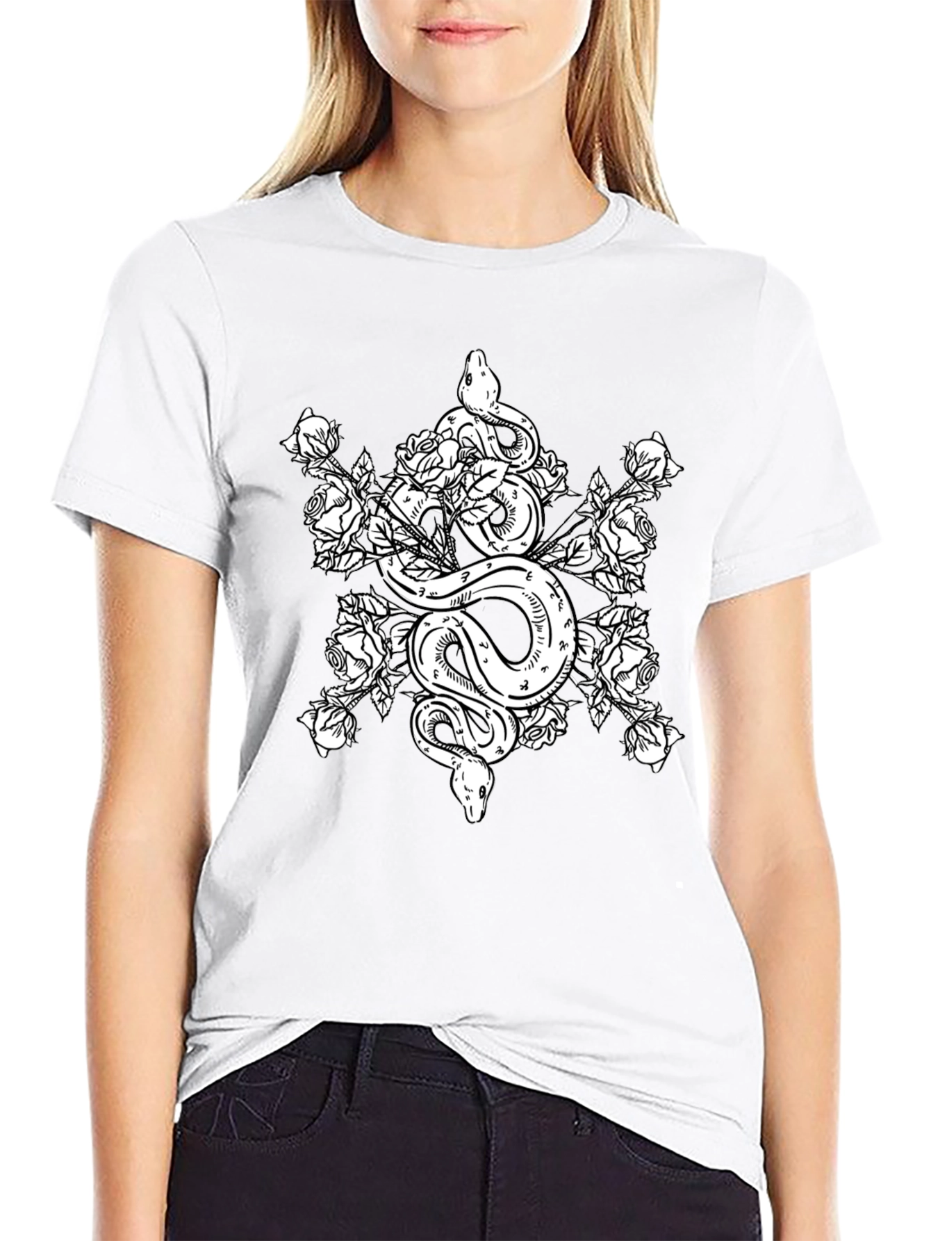 Snake & Roses Graphic Tee - Black Cotton T-Shirt