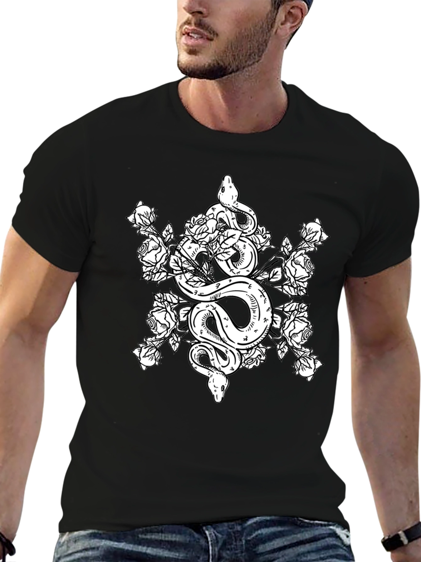 Snake & Roses Graphic Tee - Black Cotton T-Shirt