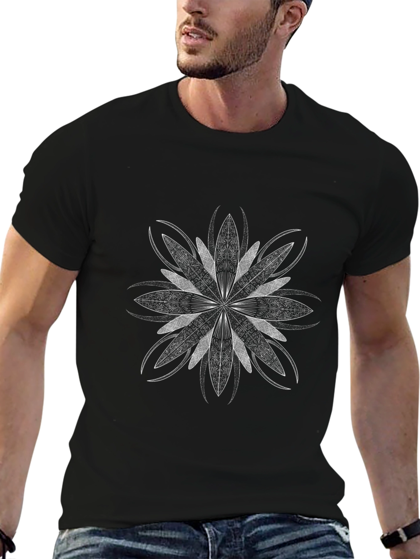 Geometric Floral Print Black T-Shirt