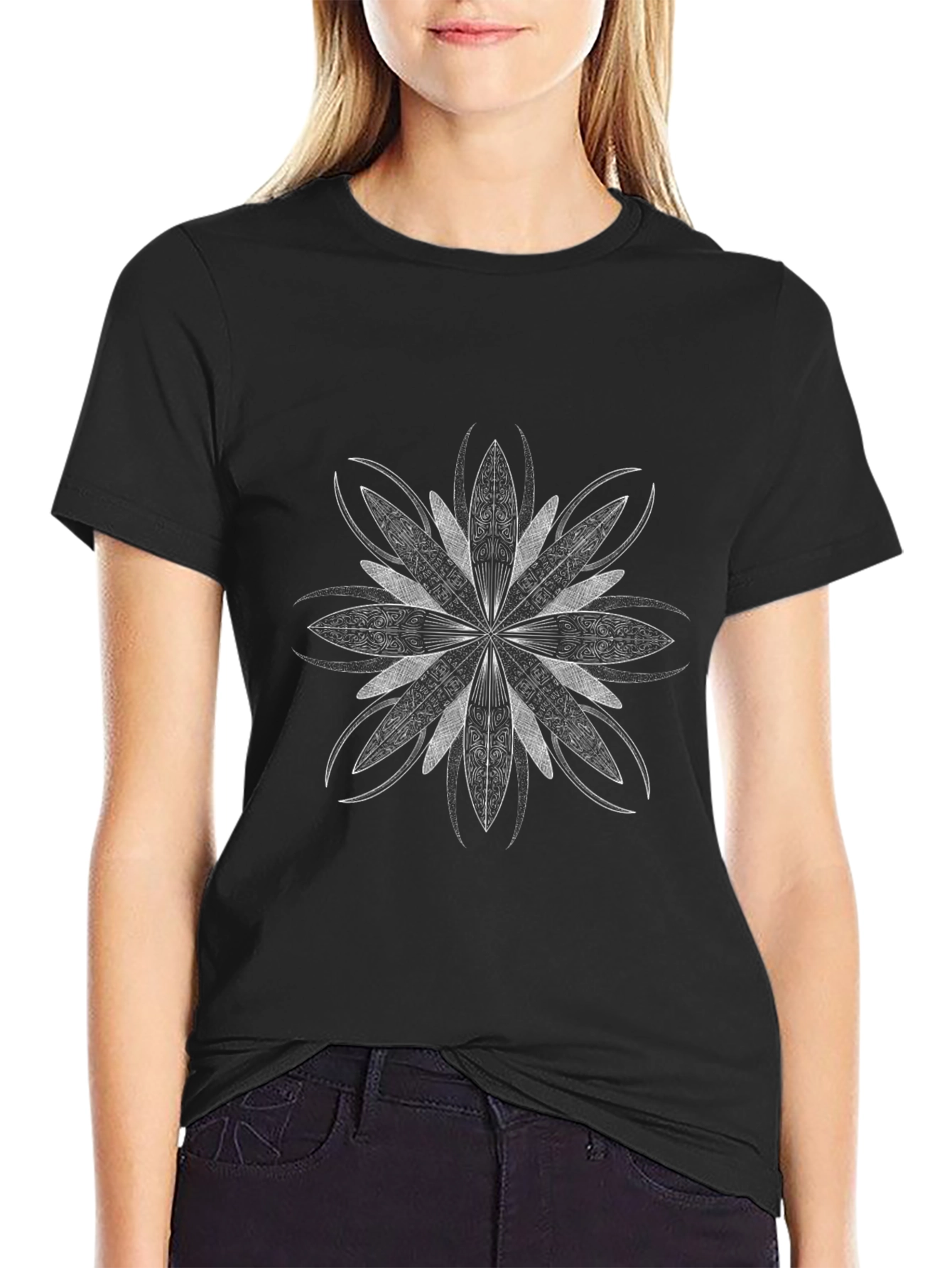 Geometric Floral Print Black T-Shirt