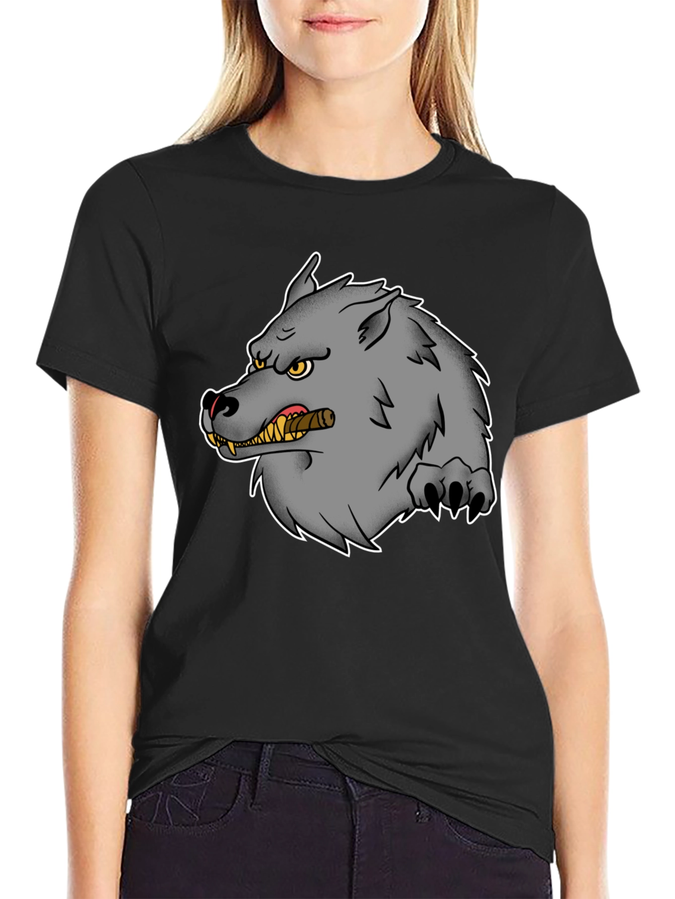 Wolf Cigar Graphic Tee - Black Cotton T-Shirt