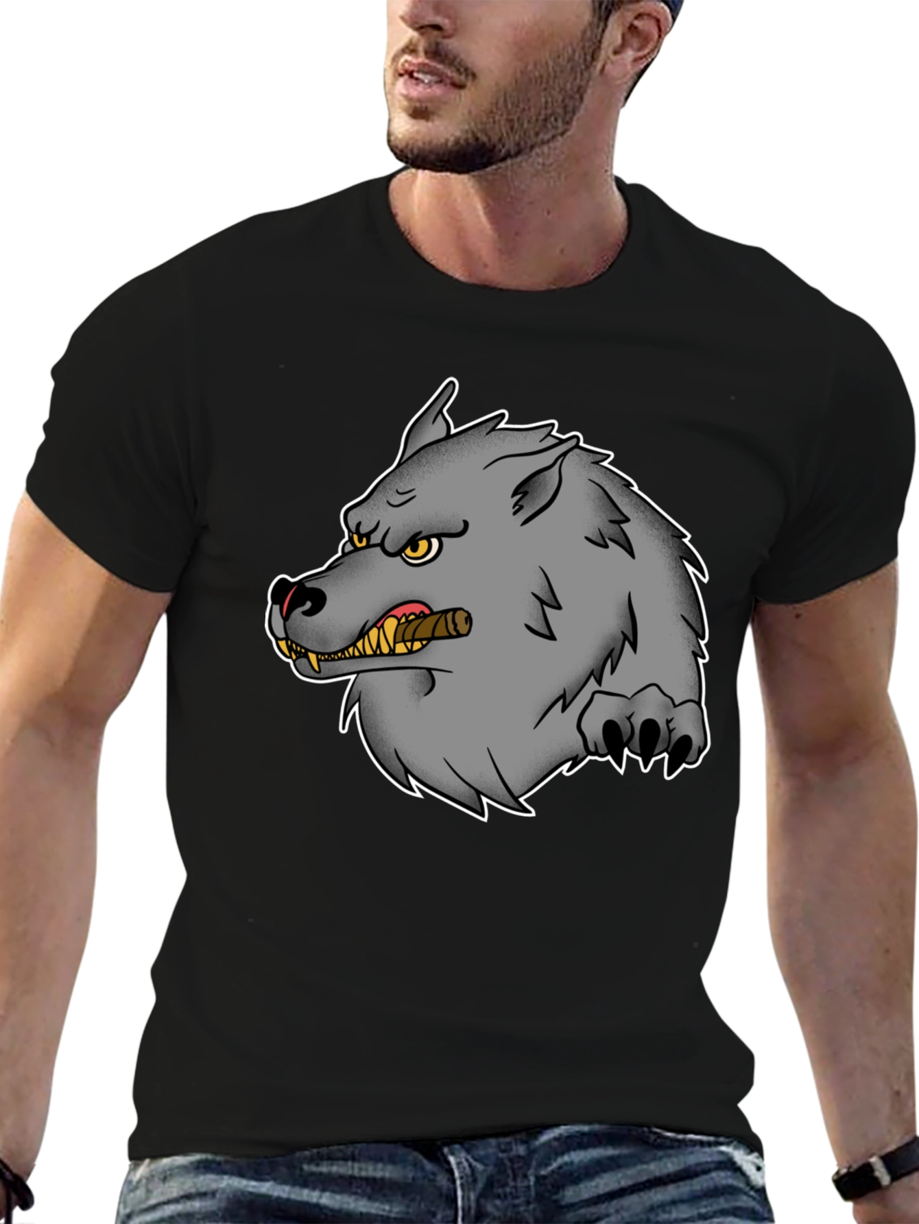 Wolf Cigar Graphic Tee - Black Cotton T-Shirt