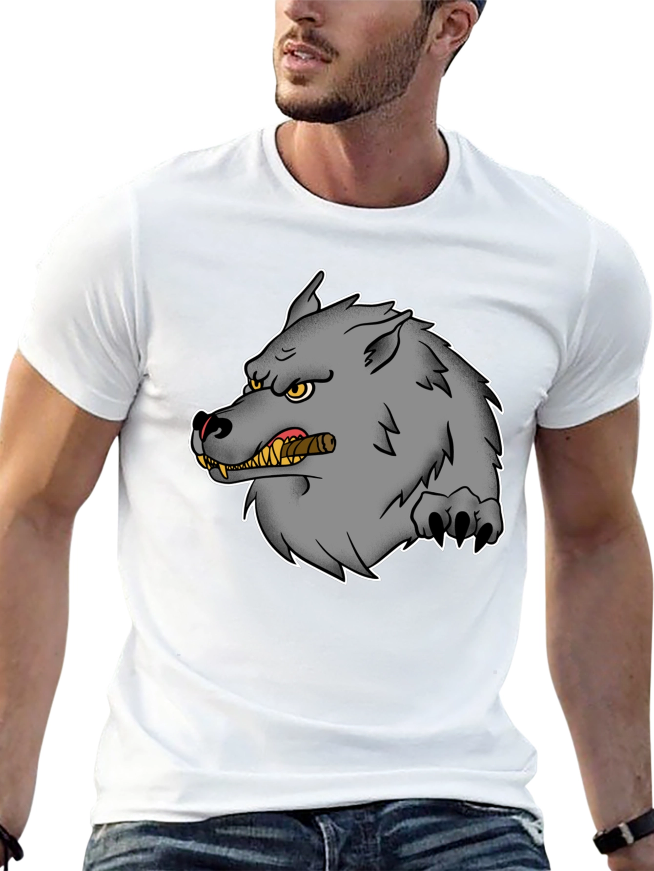 Wolf Cigar Graphic Tee - Black Cotton T-Shirt