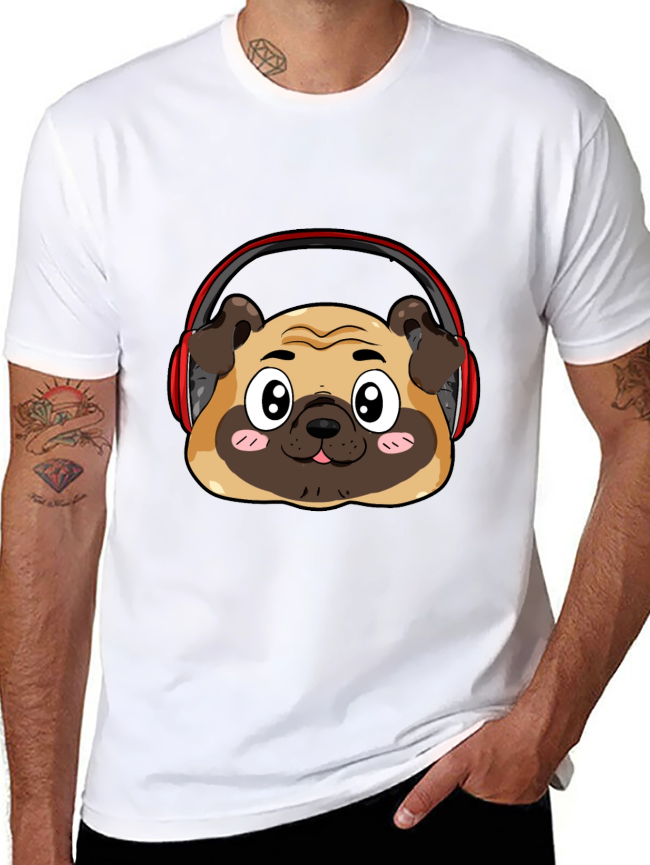 Pug Headphone Graphic Black T-Shirt