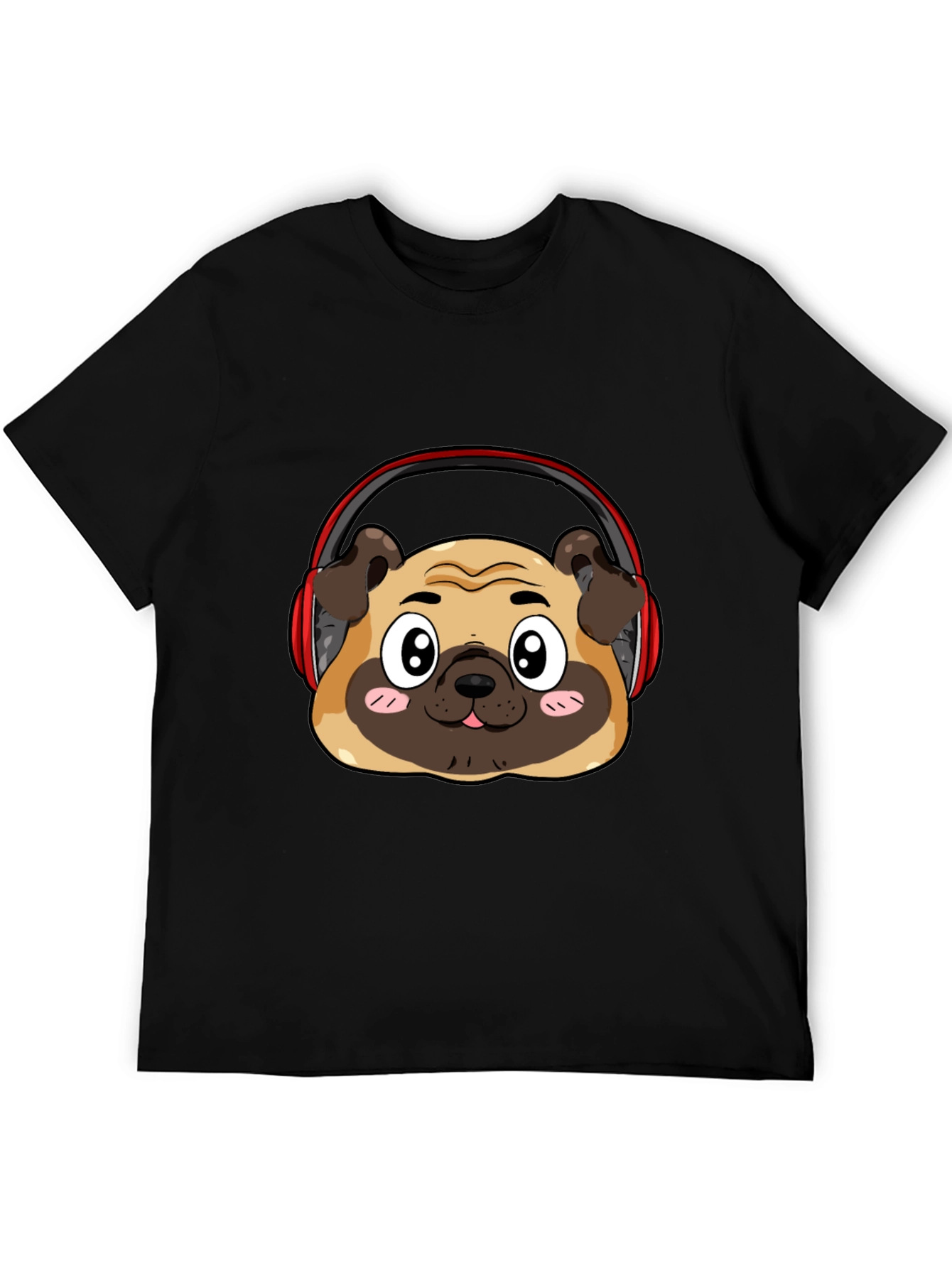 Pug Headphone Graphic Black T-Shirt