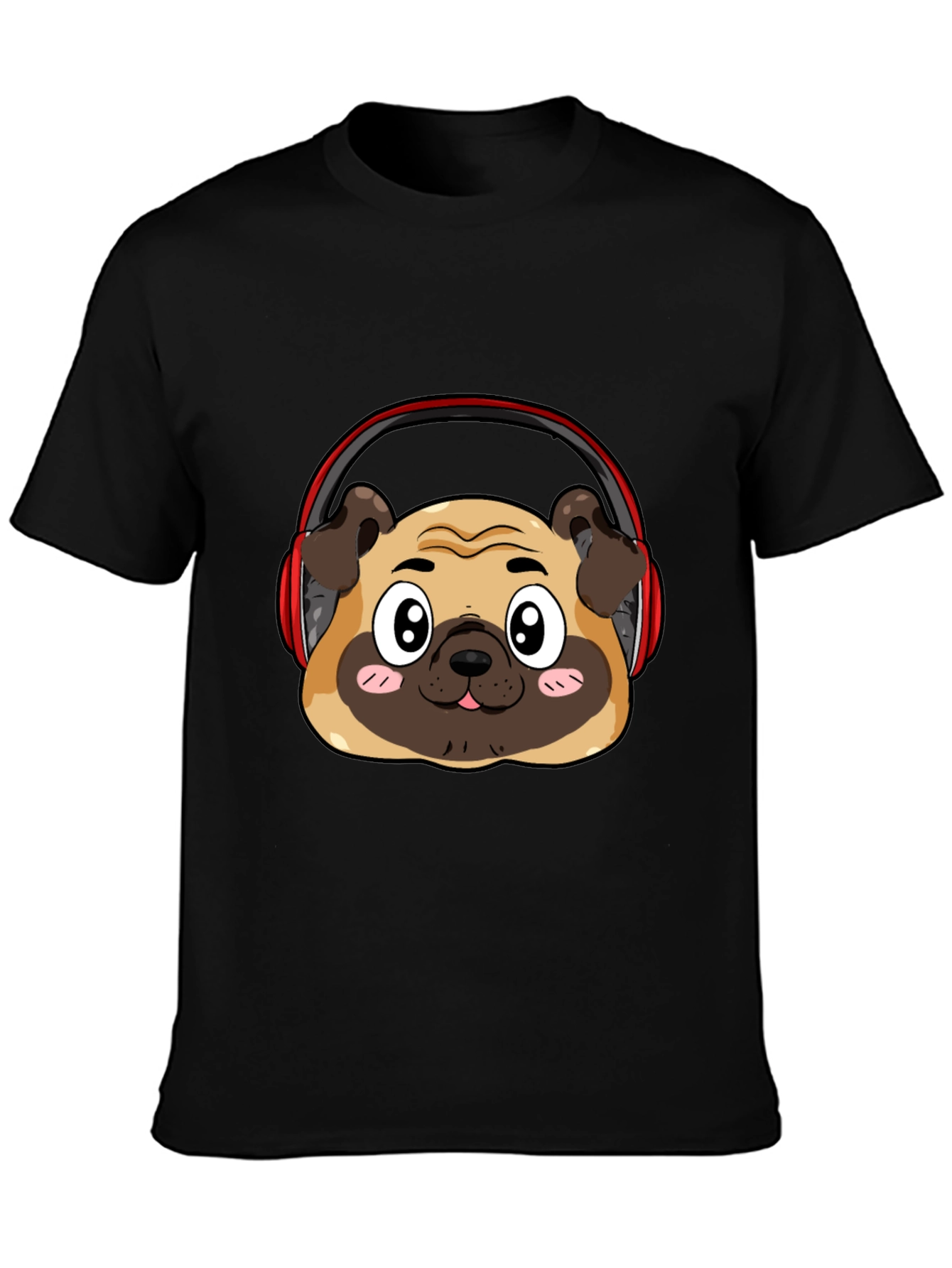 Pug Headphone Graphic Black T-Shirt