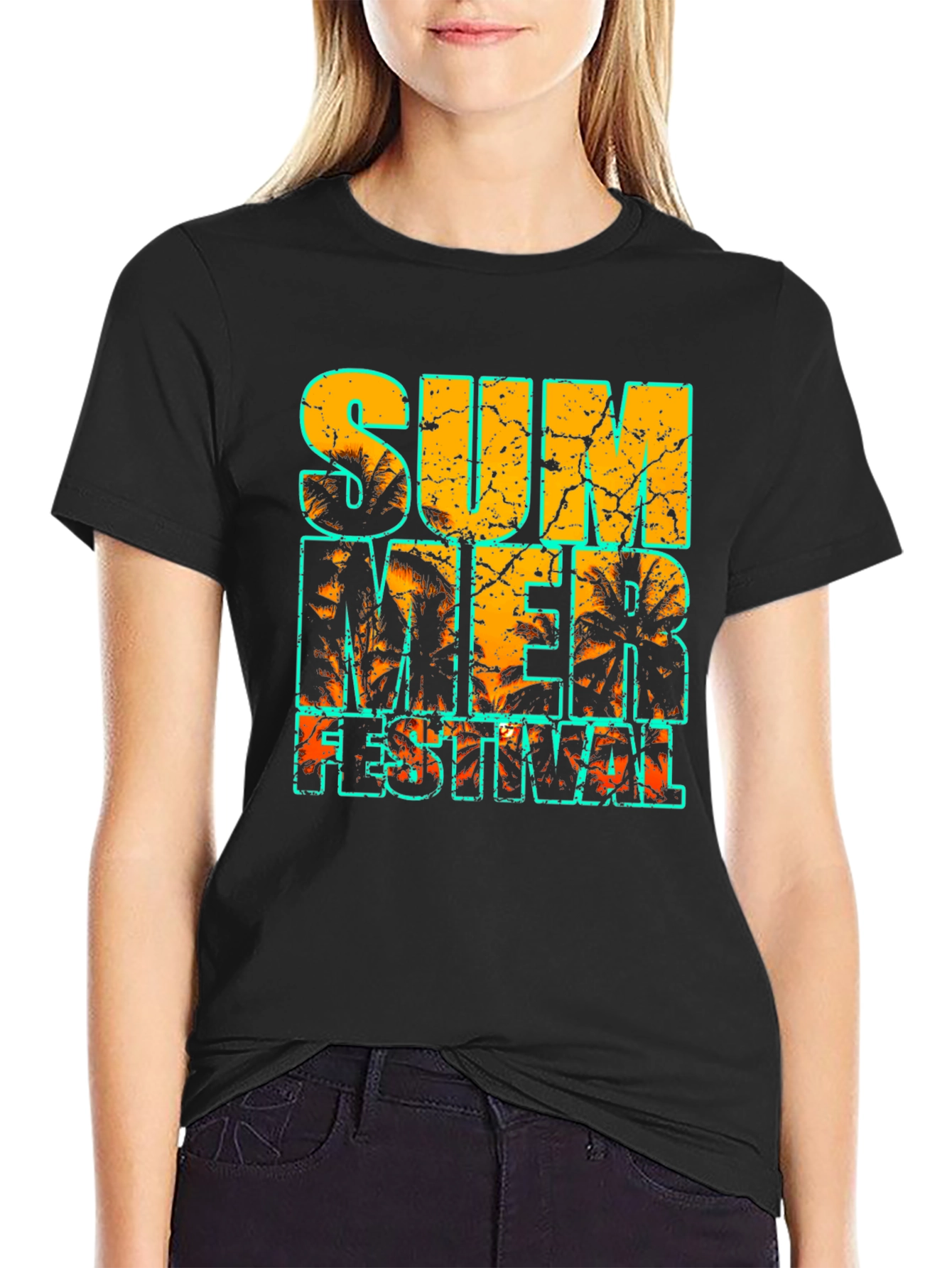 Summer Festival Graphic Print Black T-Shirt