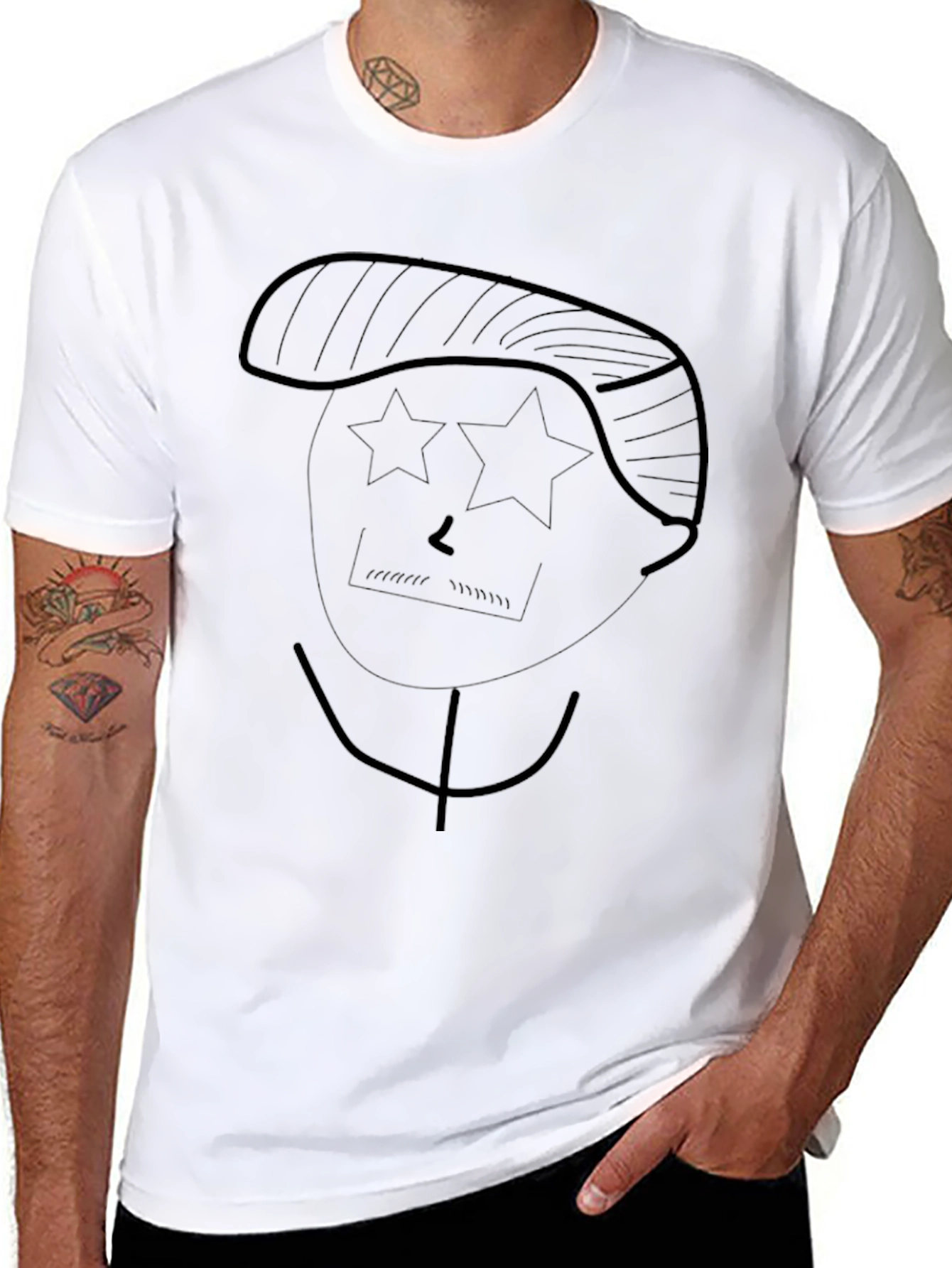 Abstract Star-Eyed Face Graphic Tee - Black