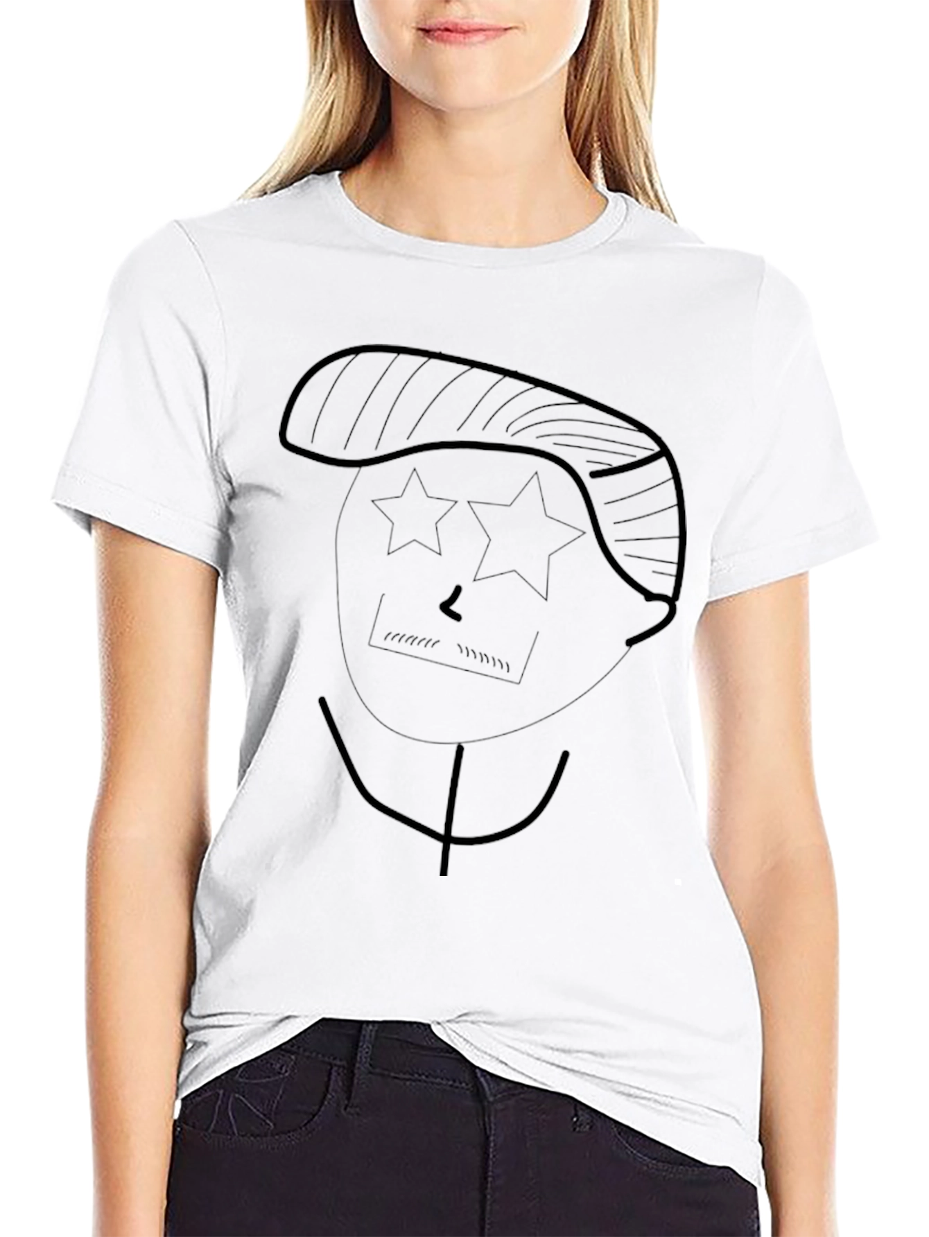 Abstract Star-Eyed Face Graphic Tee - Black