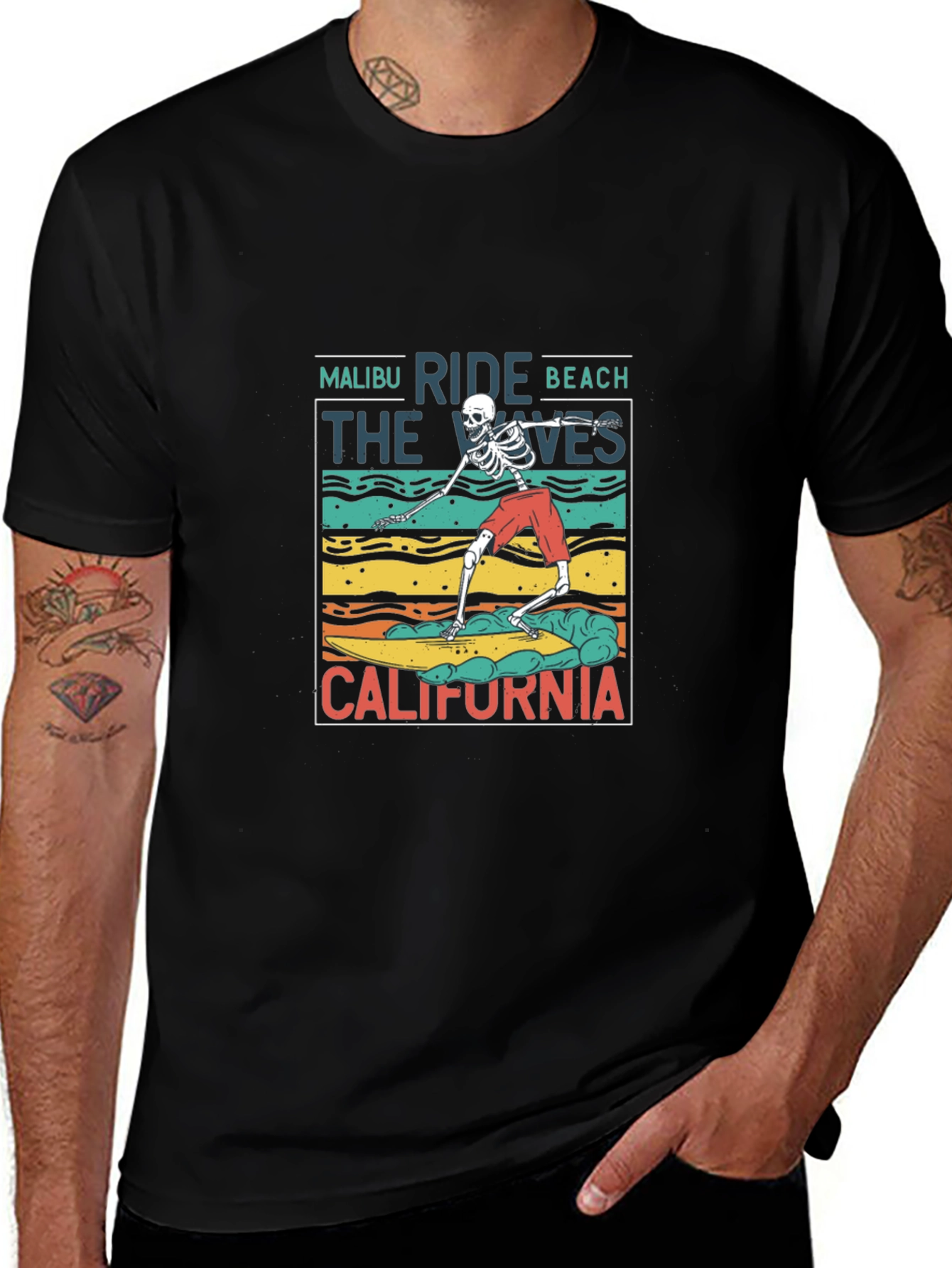 Malibu Ride Beach Skeleton Surfer T-Shirt